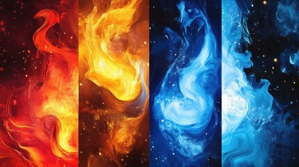 Natural elements wallpaper showing abstract, vibrant fire and ice theme set against a rich background