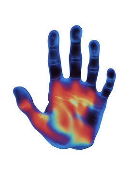 infrared thermographic hand. thermal handprint isolated. hand heat map. hand digital scanner. thermal hand. palm heat map. hand thermal map. Digital identification. no background.