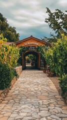 Obraz premium Vintage Winery Entrance Surrounded by Greenery