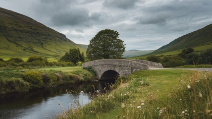 Irish countryside landscape with stone bridge over river and lush hills for serene background