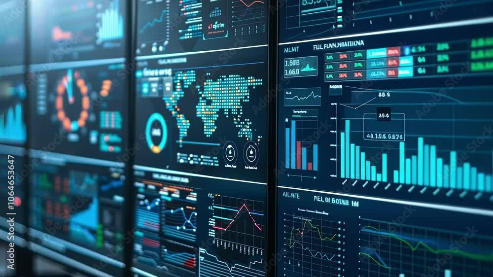 Poster computer screens show data, graphs, and a world map for global network security monitoring, emphasiz