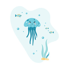 jellyfish swims in the sea underwater. Poster with jellyfish on white background. Character in children's style. Vector illustration.