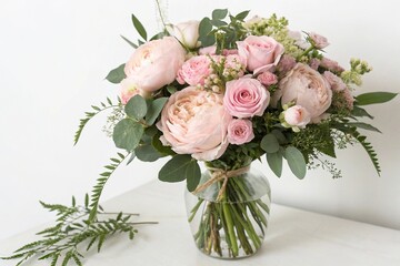 Obraz premium Soft pink peonies and roses are arranged in a vase with lush greenery and placed on a clean white background, bouquet, event decoration, flower power