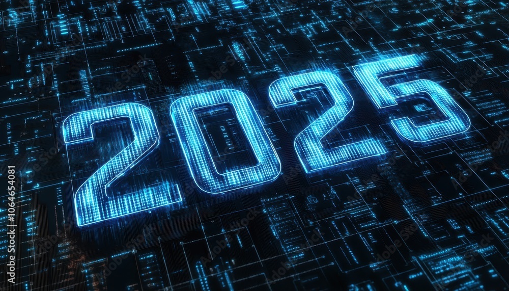 Poster a digital representation of the year 2025, showcased in bright blue numbers against a backdrop of bi
