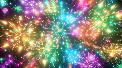 Fototapeta premium Vibrant fireworks display against dark night sky symbolizing new beginnings, dynamic burst of light captured with wide-angle lens, ample copy space for text or design elements. 