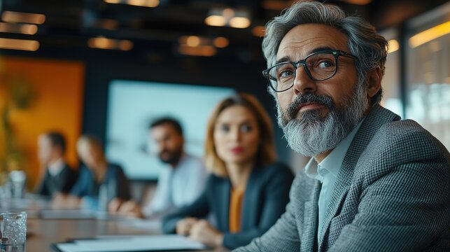 Business professionals in a meeting room, using both face-to-face communication