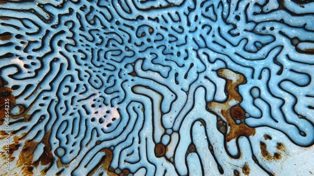 Poster abstract patterns of swirling blue and brown liquid blending in a close-up microscopic view
