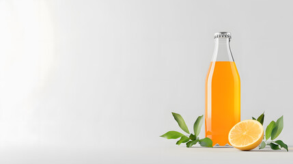 Fresh orange drink in bottle with lemon and green leaves