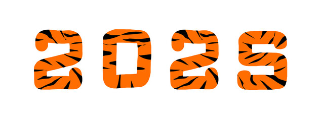 2025. orange numbers with black stripes on white background