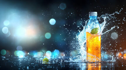 Refreshing sports drink bottle splashing in water with vibrant colors