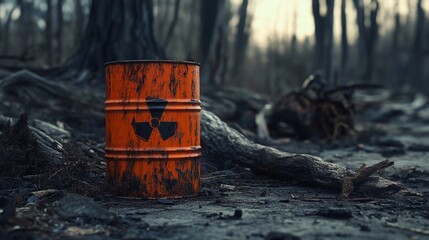 Rusty orange barrel of radioactive waste on dead forest background. Environmental pollution and ecology concept. Documentary shot for poster, presentation, demonstration 