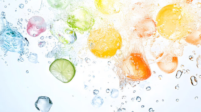 Fresh fruits and ice splash in vibrant colors, creating refreshing scene