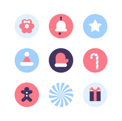 Set of Christmas flat icons. Holiday symbol. Set of icon of New Year. Christmas wreath, bell, Christmas ball, falling star, gift, Santa's hat, gingerbread man, candy. Vector illustration