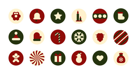 Flat Christmas Icons Set. Christmas geometric pattern. Winter icons in balls. Deer, snowflake, snowman, traditional New Year's minimalistic elements and graphics. Vector illustration