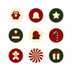 Set of Christmas symbols. Collection of Christmas balls with patterns. Christmas symbols. Happy New Year and Merry Christmas. Christmas tree balls icons. Vector illustration