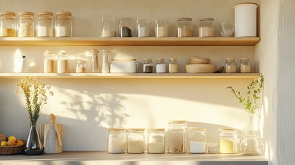Stylish kitchen shelf with jars and natural decor