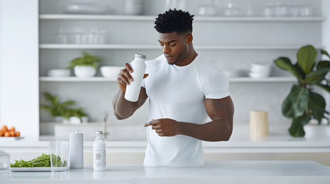 Athlete preparing sports drink in modern kitchen setting
