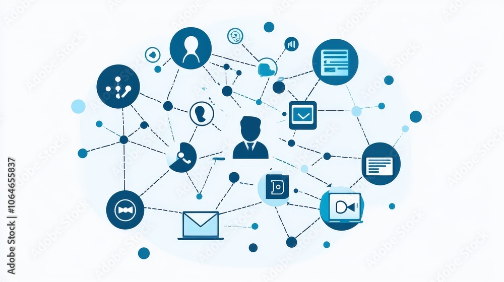 Poster interconnected network of digital icons representing various communication channels and tools for re