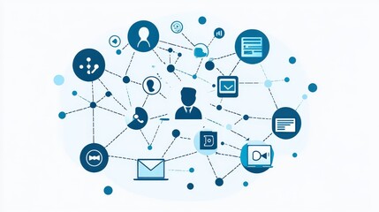 Interconnected network of digital icons representing various communication channels and tools for remote work efficiency.