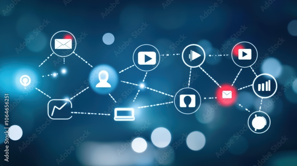 Poster interconnected network of digital icons representing social media platforms and online communication
