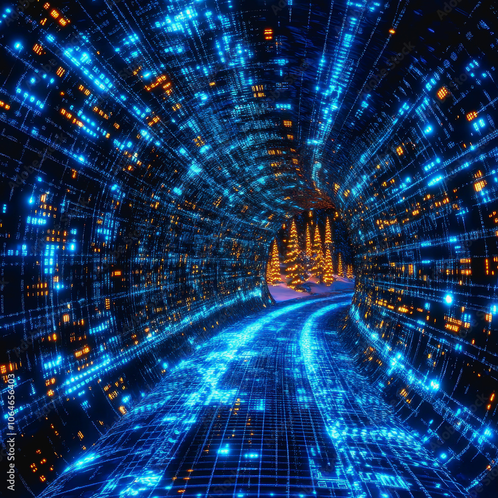 Poster neon cyberpunk tunnel with digital patterns