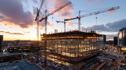 Fototapeta premium A wide-angle view of a construction site at sunset, with cranes towering over a building under construction, creating a dramatic skyline that highlights the beauty and complexity of modern architectur