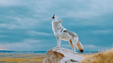 A lone wolf standing on a cliff howling, representing independence and courage in change, Dramatic lighting.