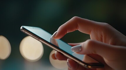 A close-up of a woman's hand elegantly holding a smartphone, tapping on the screen with manicured nails, against a soft, blurred background, emphasizing the integration of technology into daily life.