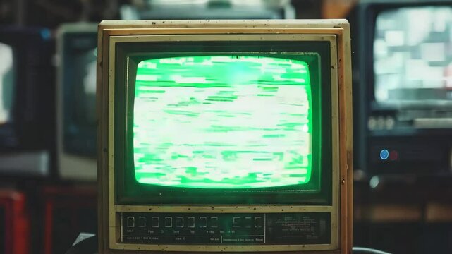 Turn on the retro TV with noise at the beginning, and switch to a blue screen. Night horror atmosphere. 
