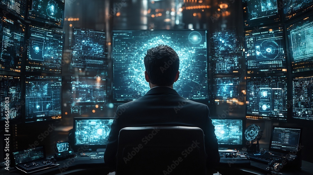 Poster government official a secure room surrounded by encrypted data on holographic screens symbolizing na