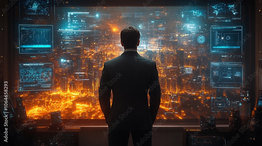 Poster government official a secure room surrounded by holographic screens showing encrypted data national 