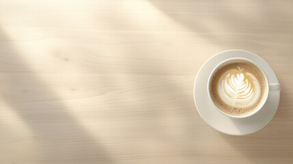 A top-down view of a white ceramic coffee cup with a latte on a light wooden table.