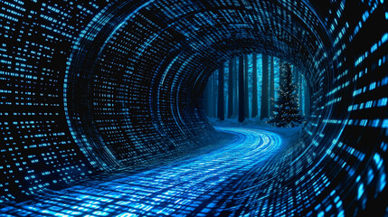 Futuristic Corridor with Neon Blue Light Streams