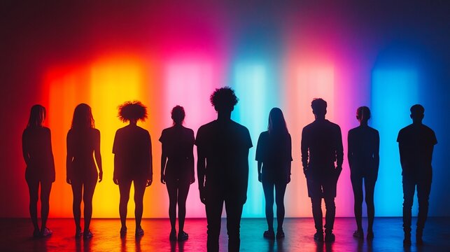 Silhouettes of diverse people standing in front of a colorful neon light wall. - Powered by Adobe