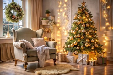 Beautifully Decorated Holiday Room Featuring a Christmas Tree, Cozy White Chair with a Soft Knitted Blanket and Cushions to Create a Warm Festive Atmosphere