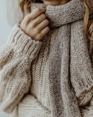Close-Up of Woman in Thick Knit Sweater and Cozy Scarf, Warm and Stylish Winter Fashion, Soft Neutral Tones, Comfortable and Layered Fall Outfit, Knitted Textures for Cold Weather