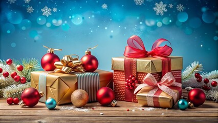 Beautifully Wrapped Christmas Gifts with Colorful Bows and Shiny Ornaments on a Soft Blue Background Perfect for Holiday Celebrations and Seasonal Promotions