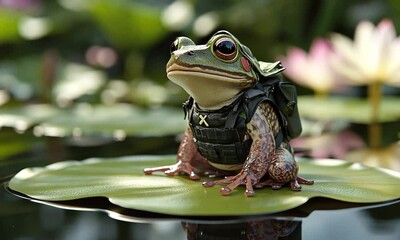 A frog in tactical gear sits on a lily pad, blending nature and adventure themes.