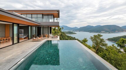 Fototapeta premium Modern villa with an infinity pool overlooking a serene landscape.