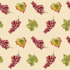 Purple grapes bunch with green leaves seamless pattern on pastel beige. Ripe Pinot Noir fruit branches for fall harvest and winery designs. Juicy Sangiovese berries repeat background