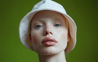 A striking portrait of an albino woman with beautiful blue eyes and full lips, wearing a stylish white bucket hat. 