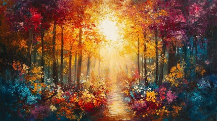 A vibrant oil painting depicting a sunlit path through an autumnal forest with a colorful array of trees and foliage.