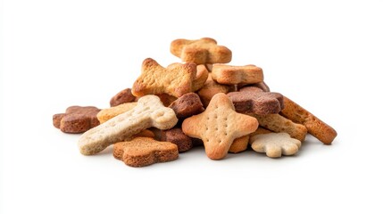 Fototapeta premium A delightful pile of dog biscuits on a stark white background, showcasing their crunchy texture and appealing shapes, perfect for promoting healthy pet treats and snacks. 