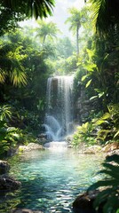 Serene Tropical Rainforest with Hidden Waterfall