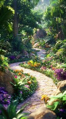 Naklejka premium Lush Island Garden with Blooming Flowers and Winding Path