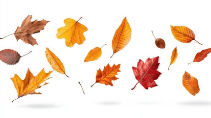 A dynamic arrangement of falling autumn leaves, featuring a mix of different species, against a transparent background, perfect for seasonal graphics, invitations, and promotional content