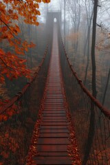 Bridge in misty autumn forest scenery