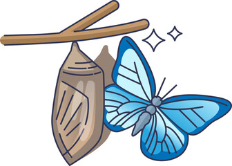 Butterfly next to cocoon on branch, symbolizing growth and change.