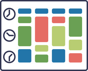 Colorful blocks and clock icons represent a structured calendar timetable.