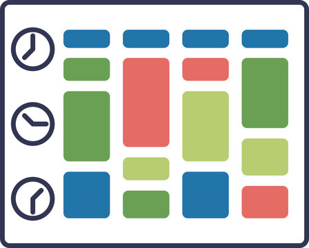 Colorful blocks and clock icons represent a structured calendar timetable.